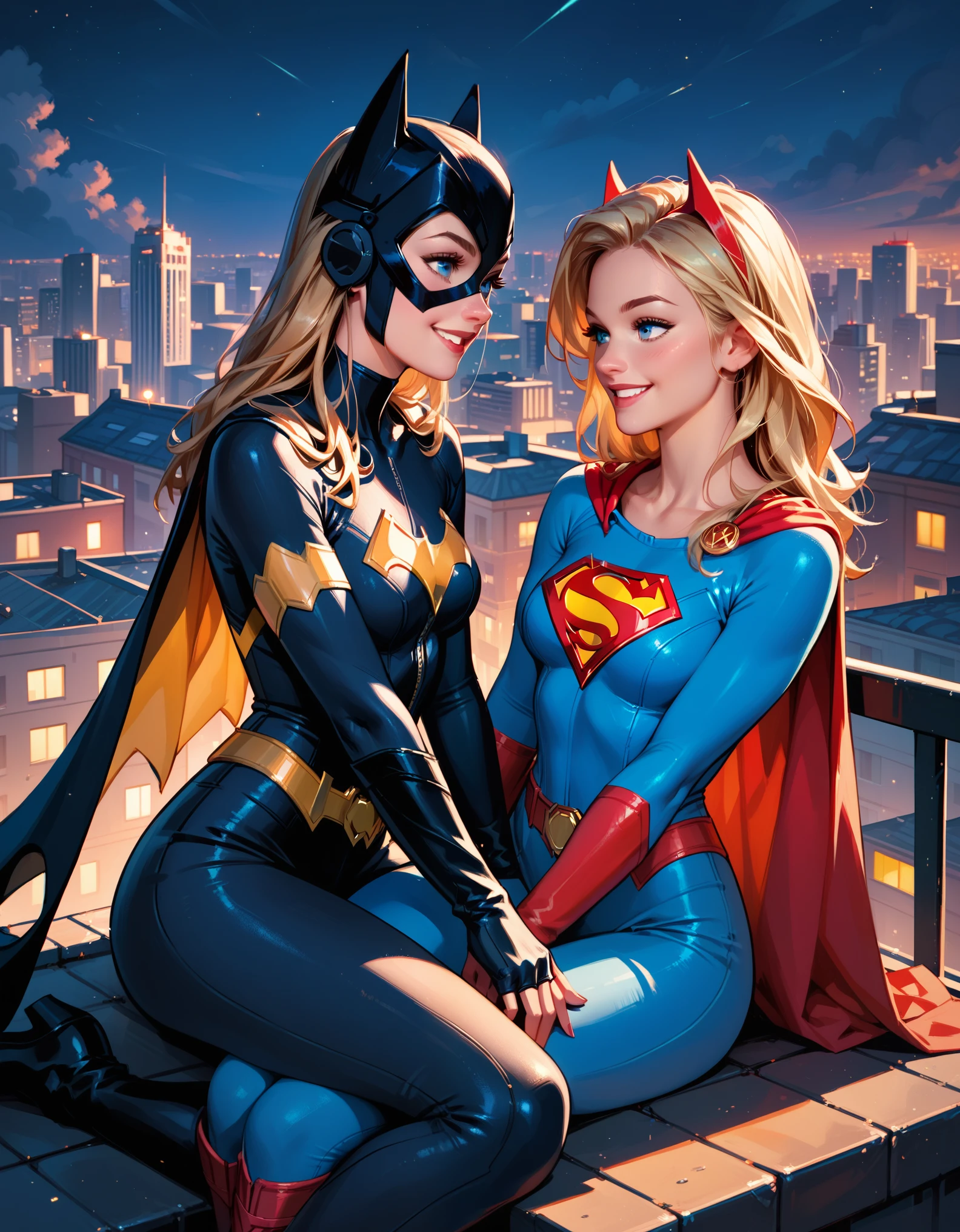 score_9, score_8_up, score_7_up, score_6_up, 2girls, Supergirl and Batgirl, sitting together, smiling, city rooftop, night, cinematic lighting.