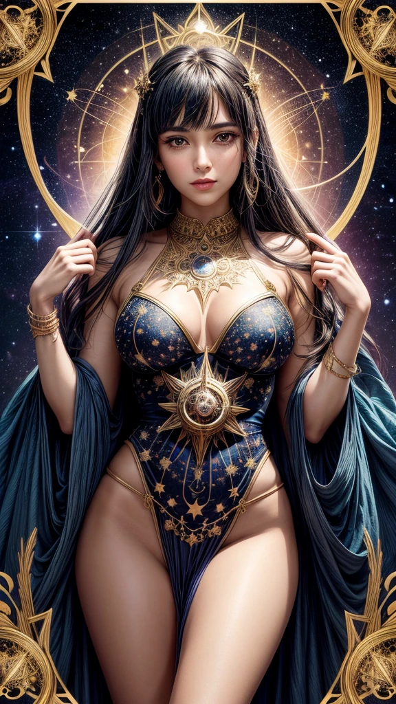 Design a background frame inspired by Tarot card aesthetics for 'The Star.' The frame should feature ornate details and cosmic motifs, with a mystical and elegant style. Include celestial elements like stars, planets, and constellations, all radiating a sense of hope and inspiration. The frame should complement a powerful, confident woman who embodies the essence of 'The Star.'"