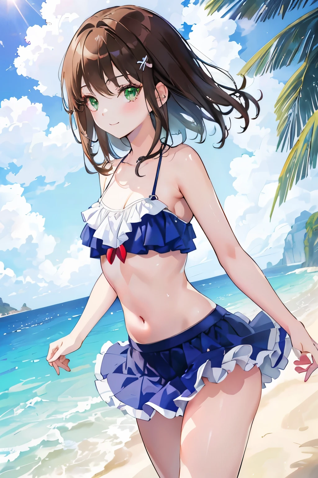 ((masterpiece, Highest quality, High resolution, 超High resolution, Pixel perfect, Written boundary depth, 4K, RTTX 10.0, High resolution))), 1 girl, single, alone, Beautiful Anime Girls, Beautiful art style, Anime characters, ((Shortcuts, bangs, Dark brown hair)), ((Green Eyes:1.4, Round eyes, Beautiful eyelashes, current eyes)), ((Smooth texture:0.75, Anime CG style)), ((Dynamic Angle, close)), Perfect body, (pretty girl), Flat Chest,whole body,Frilled bikini skirt, Blue Bikini,Ruffled bikini top,Stand Upright,Firm stomach,Beach,smile,One girl