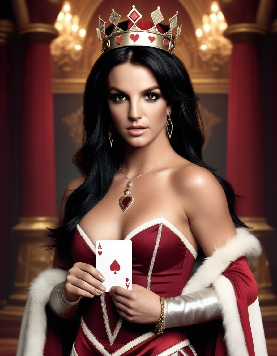 britney spears holding a playing card and wearing a crown, queen of hearts, the queen of hearts, Art style of Tom Bagshaw, fantasy card game art, poker card style, cheval michael (engine unreal, por Tom Bagshaw e Boris Vallejo, in style of anne stokes, artistic style tom bagshaw, Portrait of Megan Fox as Queen Best Quality), Sharp lines, sharp focus, offcial art, unity wallpaper 8k, absurdrez, Unbelievably absurd, huge filesize, -, Fantasyart, RTX,((close-up photo of the award-winning studio)), , (escape), , perfect hands, beautiful detailed eyes, face perfect