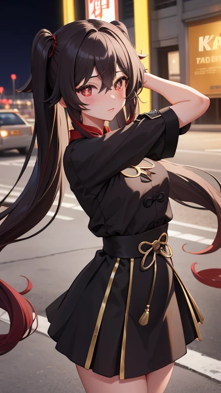 masterpiece, Highest quality, Hu Tao V4, One girl, alone, blush, Twin tails, Long Hair, Hair between the eyes, ((Streetwear)), city, Outdoor, night, Movie Posters, 非常に精細な8k, Smooth, High resolution, super high quality, Cinema Lighting, Ambient Occlusion, High resolution, 2k, 4K, 8k, 16K, Highly detailed anime, Detailed face, Perfect composition, Wide Shot, Atmospheric lighting, Very sexy, Lift up your skirt, Random waist angle, No correction, Browsing Caution, No correction