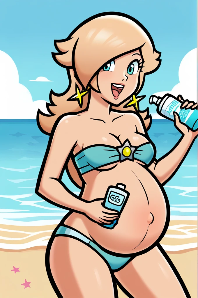 score_9, score_8_up, 1girl, solo, rosalina, style parody, thick outlines, bikini, pregnant belly, big belly, sleeveless, strapless, cleavage, beach, happy, showing his belly, spreading sunscreen