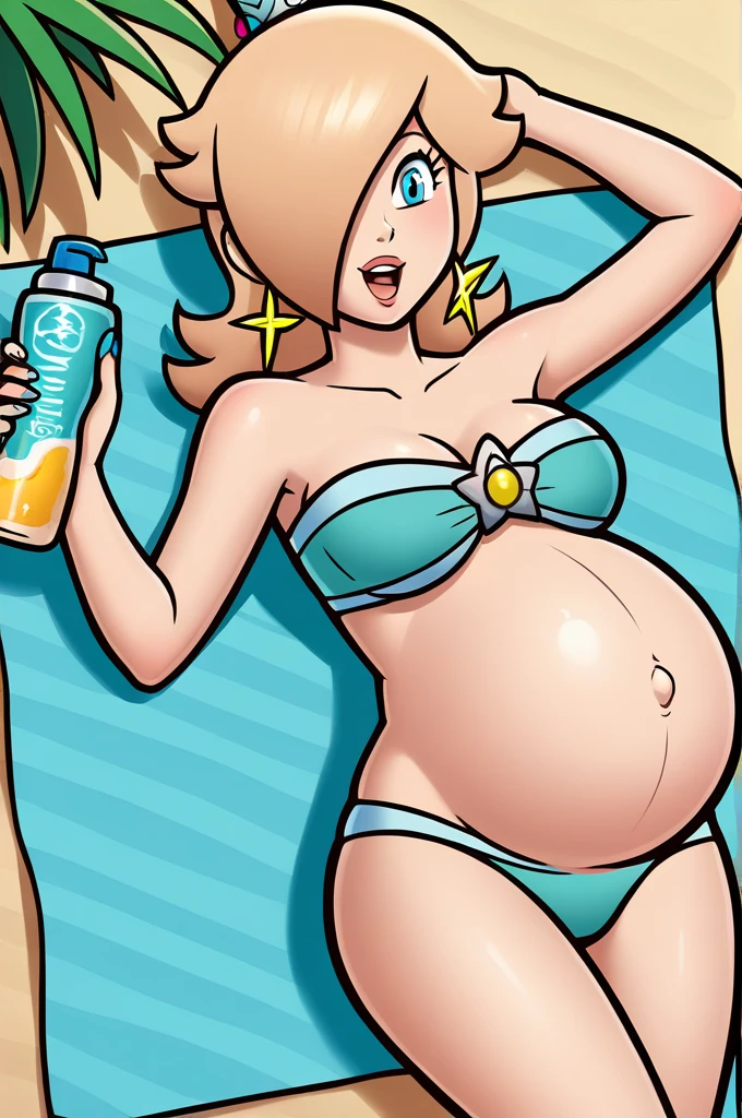 score_9, score_8_up, 1girl, solo, rosalina, style parody, thick outlines, bikini, pregnant belly, big belly, sleeveless, strapless, cleavage, beach, happy, showing his belly, spreading sunscreen