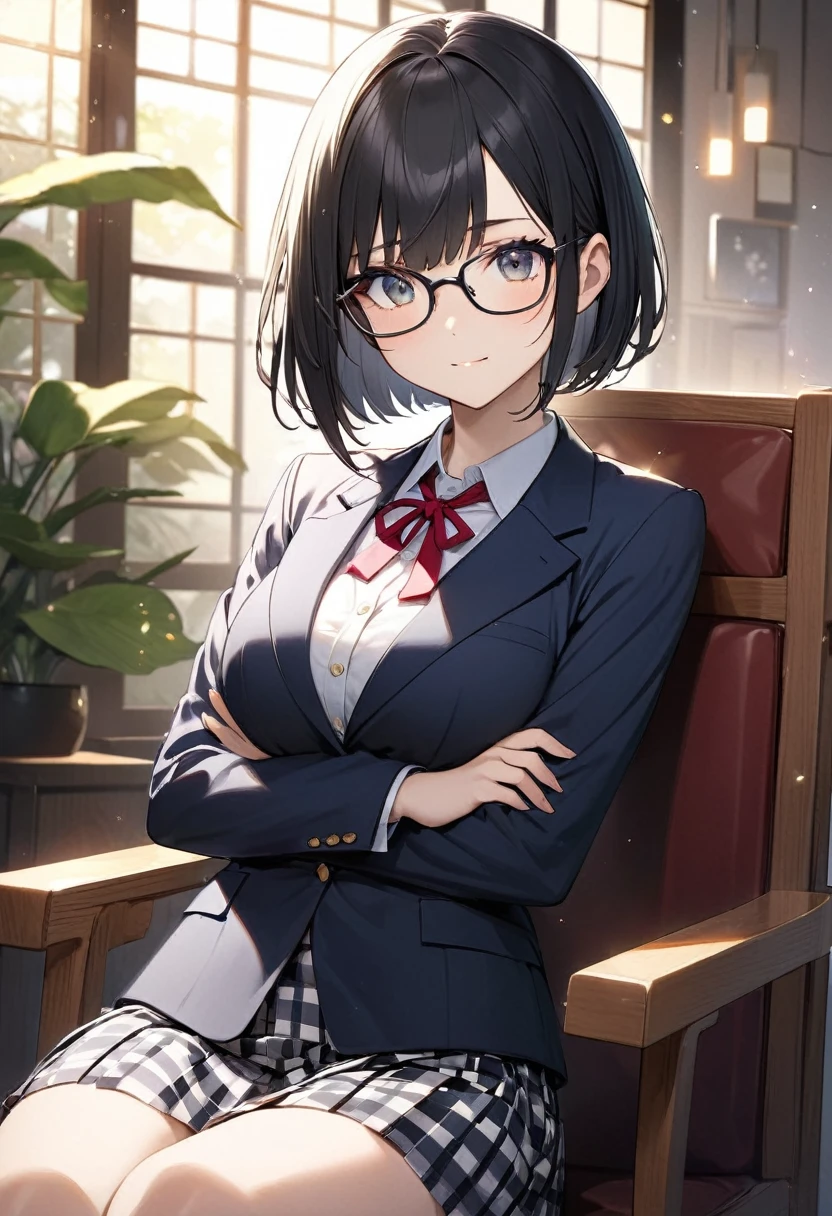 (Beautiful 18 year old Japanese woman), Cute Face, blazer,Ribbon tie,Checkered Skirt, Glasses,(Deeply chiseled face:0.7), (freckles:0.6), Soft Light,Healthy white skin, Black Hair,Bobcut,, (Sparkling eyes), thin,Very large breasts,,crossed arms,Sitting in a chair