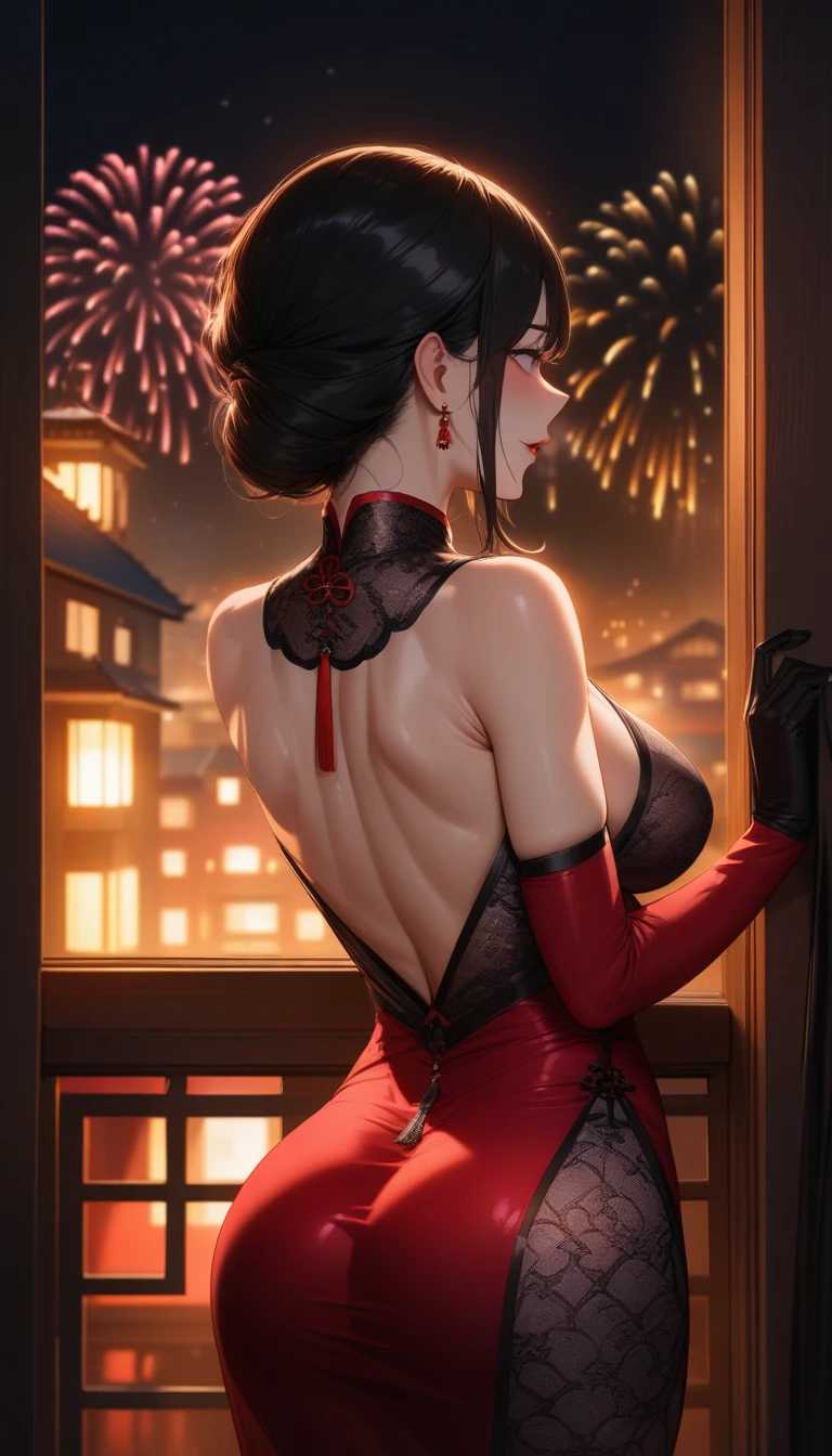 Mature woman standing with her back to the camera:1 girl wearing an upscale Chinese dress, Smooth, moisturized and firm skin texture, Tight and seductive outfit, A corner of the red light district, A dark background that makes the subject stand out, Large windows, The soft light of the lantern, BREAK (Detailed silk texture:upscale:Gloss:Smoothness:Suppiness), BREAK Highest Quality, Highest Resolution, Detailed and crisp image quality, 16K, Super Retina, A gorgeous Chinese dress with a delicate pattern, Adult sex appeal, melancholy, Feeling of weakness, Tie back long hair, Colorful fireworks seen from the window, Detailed and complex, Colorful, Transparent full color coating, Light and Dark, High Contrast, BREAK Spectacular fireworks seen from the window, aesthetic, Upper Body Shot,