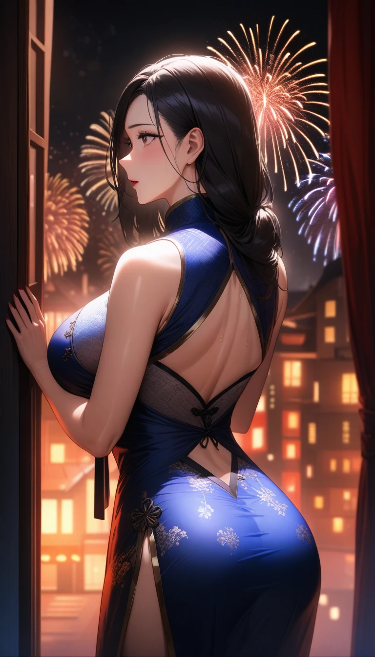 Mature woman standing with her back to the camera:1 girl wearing an upscale Chinese dress, Smooth, moisturized and firm skin texture, Tight and seductive outfit, A corner of the red light district, A dark background that makes the subject stand out, Large windows, The soft light of the lantern, BREAK (Detailed silk texture:upscale:Gloss:Smoothness:Suppiness), BREAK Highest Quality, Highest Resolution, Detailed and crisp image quality, 16K, Super Retina, A gorgeous Chinese dress with a delicate pattern, Adult sex appeal, melancholy, Feeling of weakness, Tie back long hair, Colorful fireworks seen from the window, Detailed and complex, Colorful, Transparent full color coating, Light and Dark, High Contrast, BREAK Spectacular fireworks seen from the window, aesthetic, Upper Body Shot,