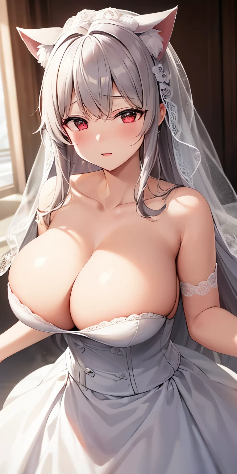 Highest quality High resolution A lovely young and beautiful woman Red eyes Beautiful gray hair Medium Perm Cute Gentle Girl Cat ear A beautiful and captivating wedding dress Breastfeeding services 驚異的な魅力を持つ童貞キラーのBig Tits Sexless Breast milk Breathtaking Incest Rut face Chubby Big Breasts Super Breasts Big Tits Erotic and seductive wedding dress Clear means pure A lovely woman whose sexual desire cannot be controlled A possessive yandere 横乳はみ出そうなデカいSuper Breasts A sister with a severe brocon who wants to conceive your