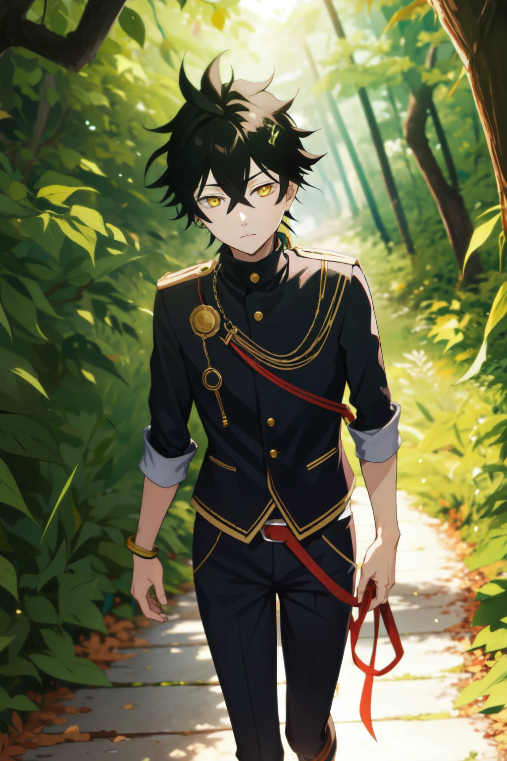 1boy, walking in forest,solo,yuno_black_clover, black hair, yellow eyes, short hair, hair between eyes, half body photo