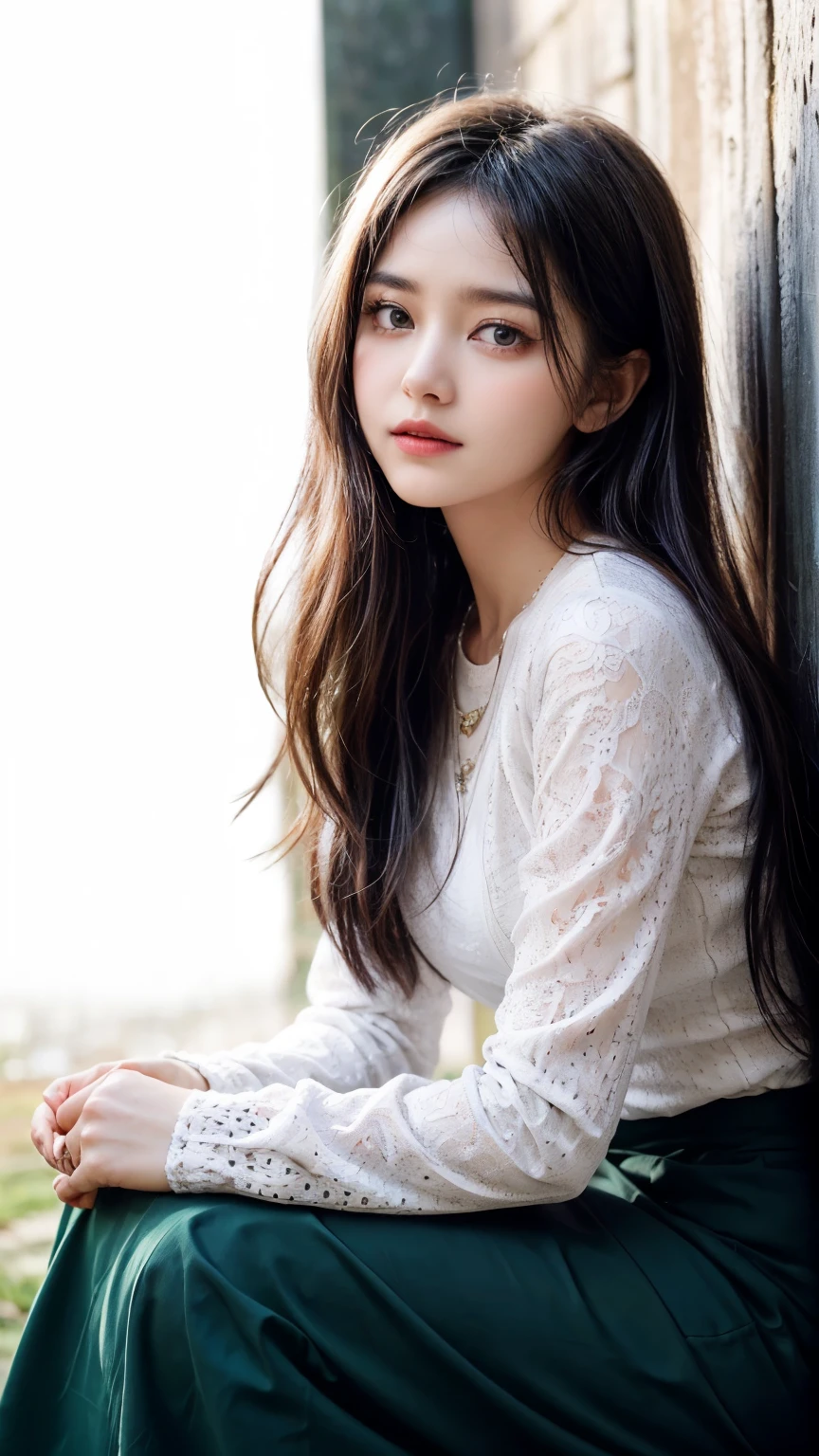 (masterpiece), (best quality), (ultra detailed),(disheveled hair),(illustration), (1girl), beautiful detailed eyes, delicate beautiful face, (high saturation), (shining), 1 girl, wearing acmmsayarma outfit, acmmsayarma white top, lace long sleeves, ((acmmsayarma dark green long skirt)) , Layered necklaces, anklets, outdoor