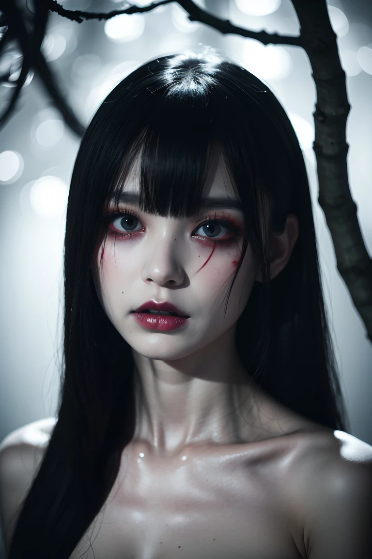 (Highest quality、Cowboy Shot、8k、Best image quality、Award-winning works、Ultra-high resolution)、Creepy and horror-like beauty、(Zombie Beauty:1.1)、(Bloody Face:1.2)、(Very long bangs:1.1)、Zombie Makeup、(Pure white and creepy skin:1.2)、Straight long hair、Black eyeshadow、Around the eyes、Black Lips、Long white hair、White nightgown、(Dark and eerie forest background:1.2)、Dark and spooky tree々、Terrible night、Dark thriller vibe、Spooky fog、Small Valley、(Look at me with a sad expression:1.1)、Blurred Background、(nude:1.4)、Accurate anatomy、Ultra-high resolutionの顔、Ultra-high resolutionの髪、Ultra-high resolutionのキラキラした瞳、Ultra-high resolutionのBlack Lips、(Ultra-high resolutionの完璧な歯:1.1)、Highly detailed creepy face