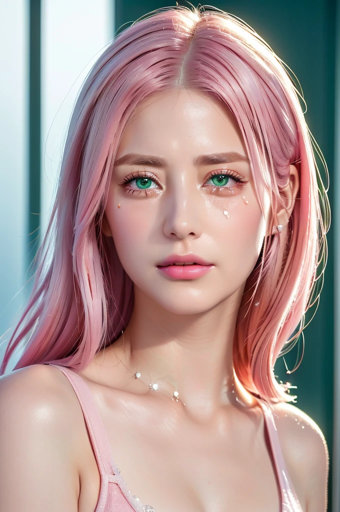 young woman, long pink hair, wide forehead, porcelain skin, pink eyebrows, big emerald green eyes, buttoned nose, thick lips, heart-shaped face, slender body, small breasts, pink leather dress, Sakura Haruno, realistic, realism black details 3d
