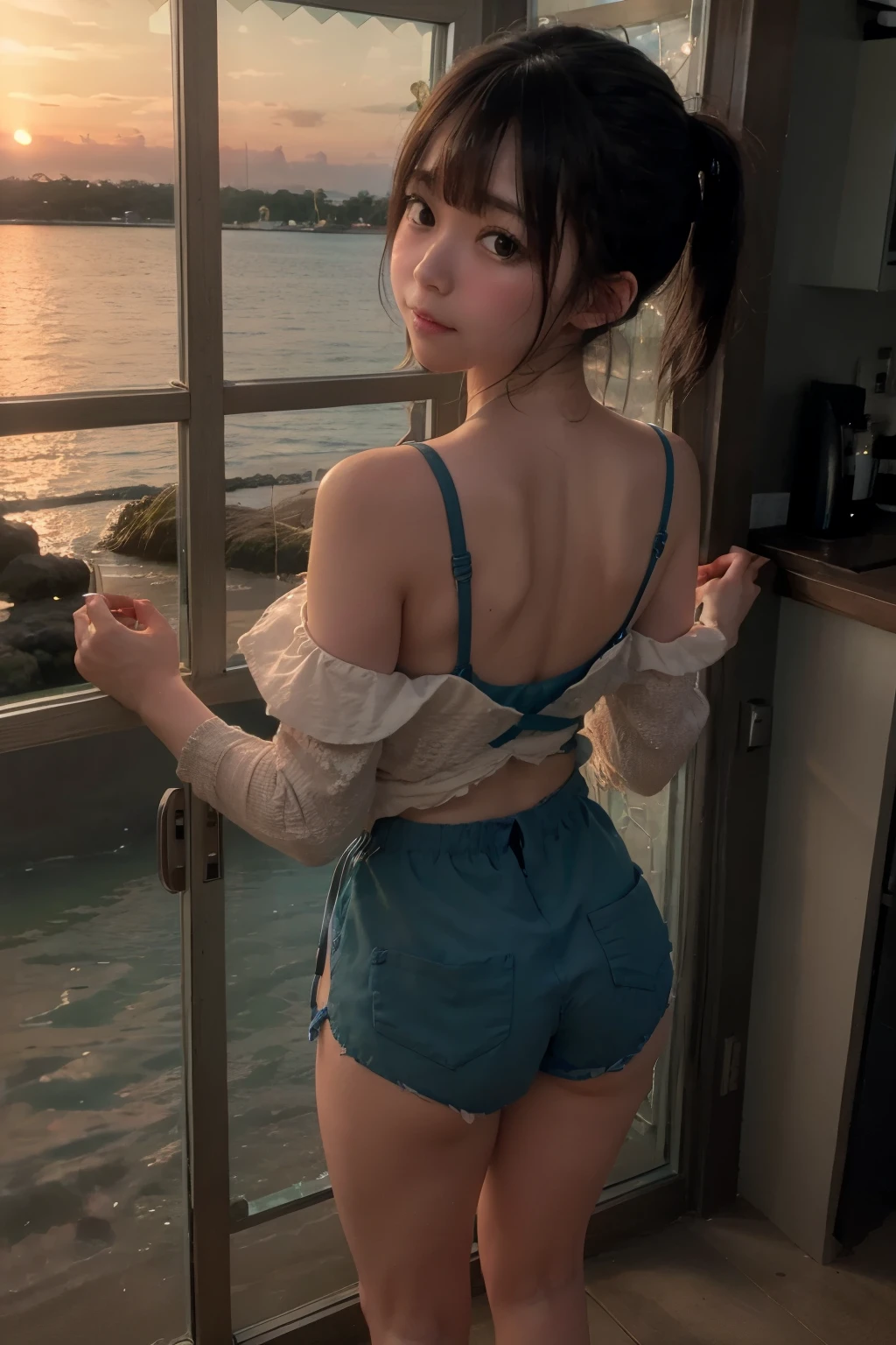 8K, RAW Photo, Best Quality, Masterpiece, Realistic, PhotoRealistic, Extremely Detailed 8K Wallpaper, Beautifully Detailed Eyes, Finely Detailed Face, 
 BREAK 
Cinematic Lighting, 
 BREAK 
(Only Serene Seascape Background at Back of Lattice Door:1.6), 
 BREAK 
Perfectly Anatomically Correct:1.1, 5 Beautiful Finger:1.1, 
 BREAK 
1 Girl, Very Short Hair Bun:1.1, Japanese, Captivating Eye Reflections, Wide-Set Eyes, Tareme, Very White Skinned, Blush, Embarrassed, 17-Year-Old, 
Brown Hair, Wet Hair:1.1, Messy Hair, Open Mouse Slightly, [Pouted Cheek], Ecstasy, [Orgasm], Light Smiling, 
Standing in Front of the Lattice Door, [Skindantation], 
Looking Back Viewer, 
(Wearing SHIMAMURA Off Shoulder Top + SHIMAMURA Shorts), 
(from Behind:1.0, Side:1.0, from Bellow:1.0), 
 BREAK 
SFW:1.0, Non-Nipple:1.0, 
 BREAK 
(Aerial View:1.2, Framing Photo:1.2), Framed by Lattice Door, 
Eye Focus, Feet Out of Frame, Bokeh:1.0