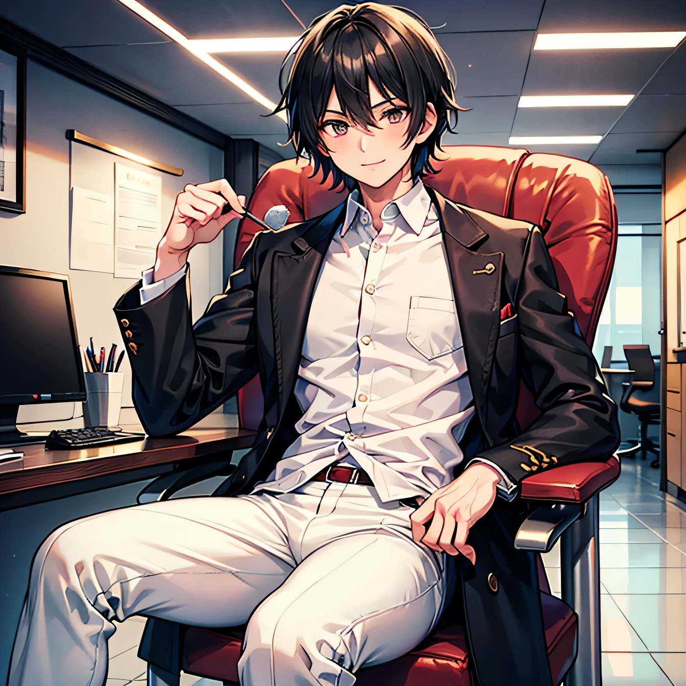 Anime art style,Highest quality,High resolution,Anatomically correct,One Man,Twenty generations,good looking,Spiky hair,Black Hair,Gentle smile,A rich expression,Black long coat,Red underwear,White trousers,Office,Sit on a chair and cross your legs,Eyes drawn in detail,8k
