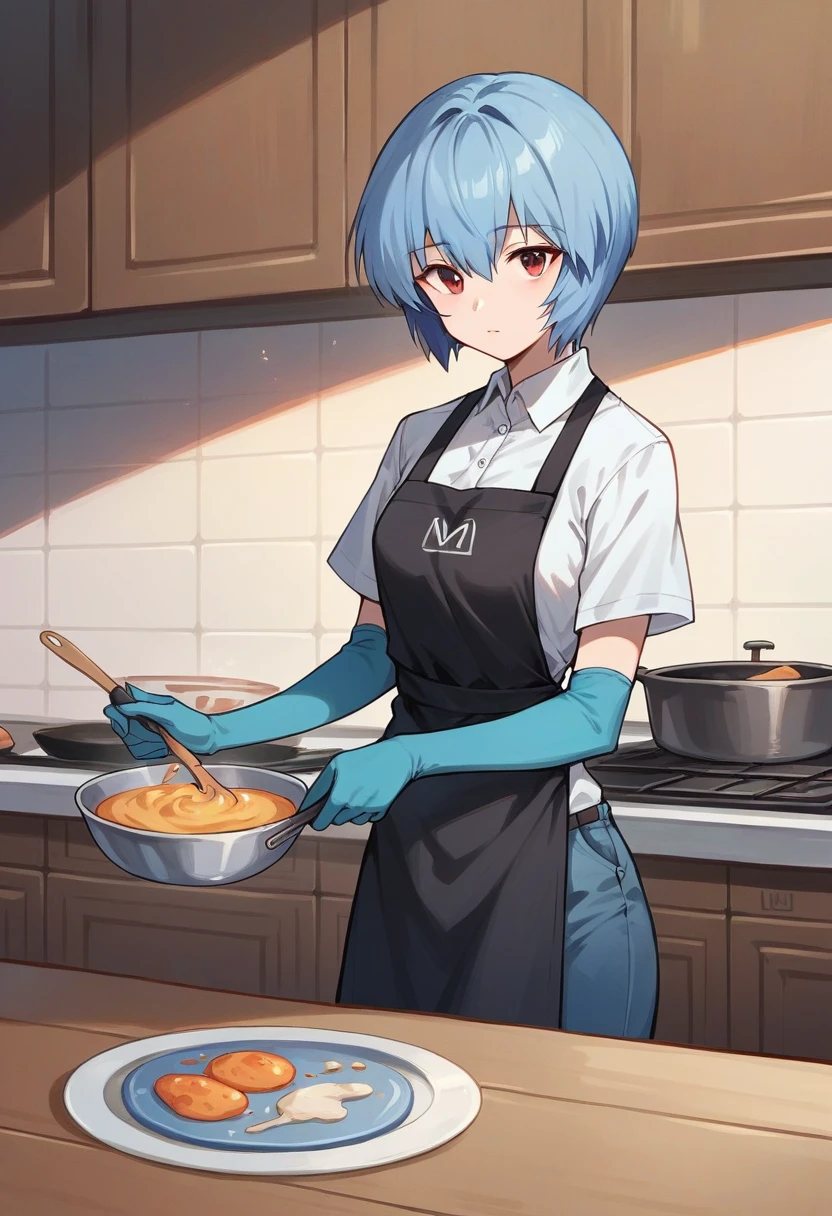 1girl, rei ayanami, ((blue half elbow gloves)), (white shirt), ((long sleeves)), (black apron), (pants), looking at viewer, cooking, ((in blue half elbow gloves)), solo
