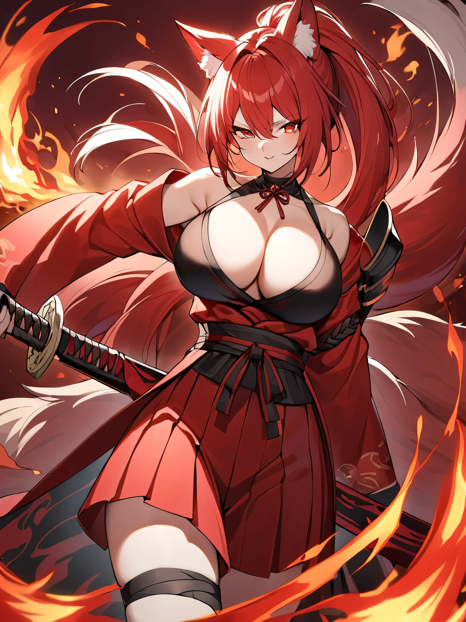  8K Highest quality Long red ponytail Red fox ears Nine fox tails Very large breasts Flaming Japanese sword Red jacket Long hakama Red eyeshadow on lower eyelids Red burning background Japanese style Samurai Burning hell 