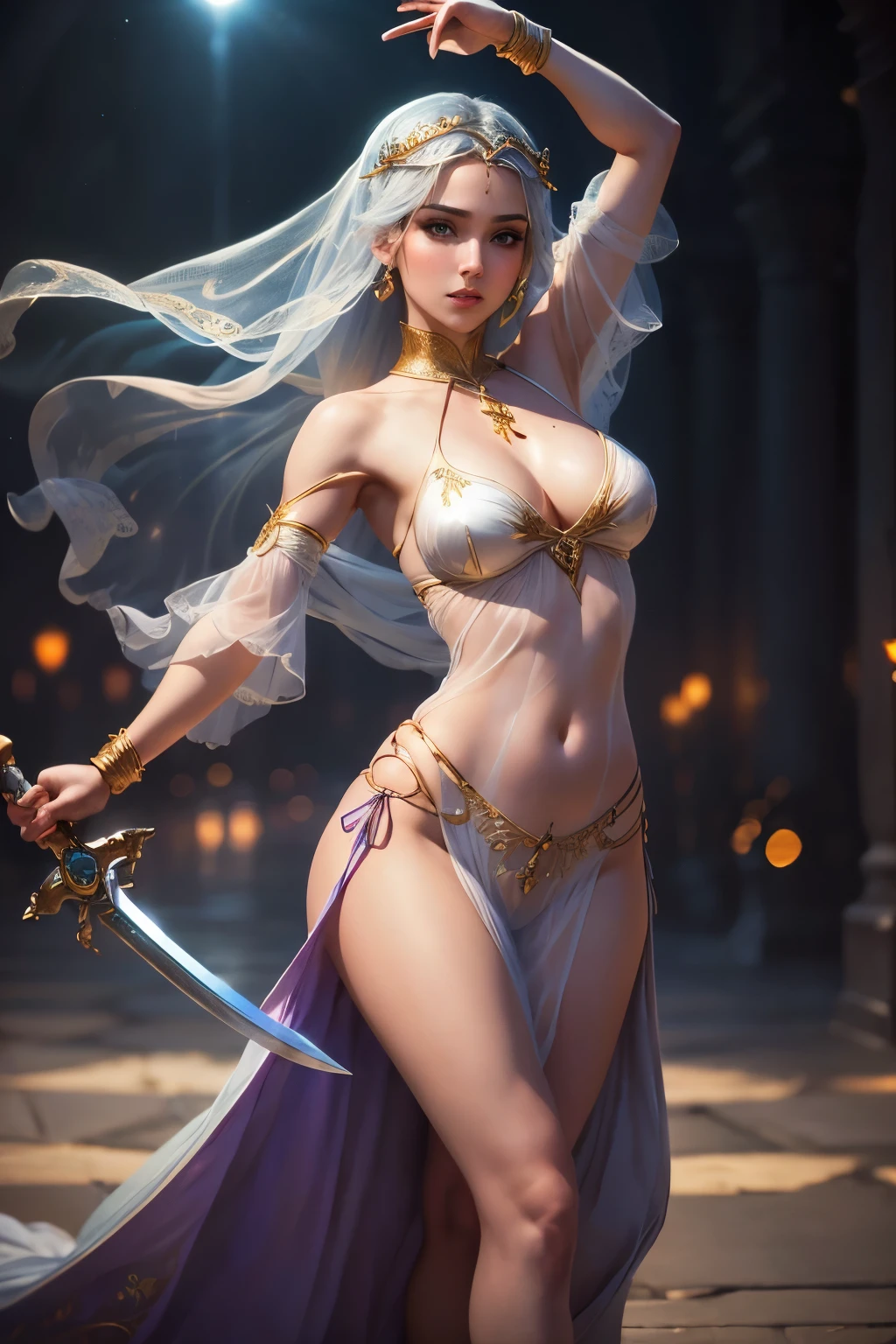 Arabian Nights、(A beautiful woman dances with a sword in each hand)、(Dance of the Sword)、The sword is curved like a crescent moon.、(See-through sexy outfitotion Blur、Cinematic Light、Soft Light、Soft Focus、Bokeh、RAW Photos、Professional photos、(Highest quality, masterpiece, High resolution)、4K、wallpaper