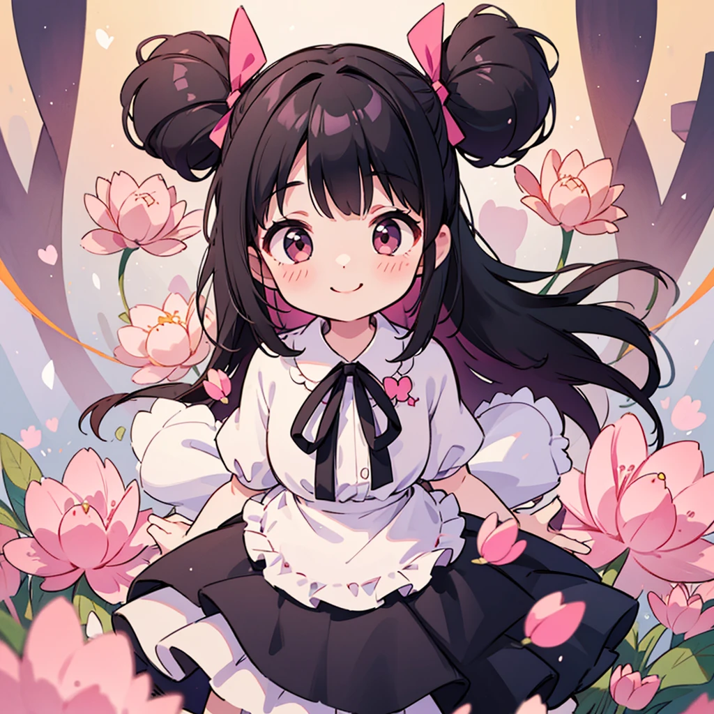 One girl、15 years old、Black hair(Straight Long Hair)、smile、Pale pink ribbon、Pale pink dress、Highest quality