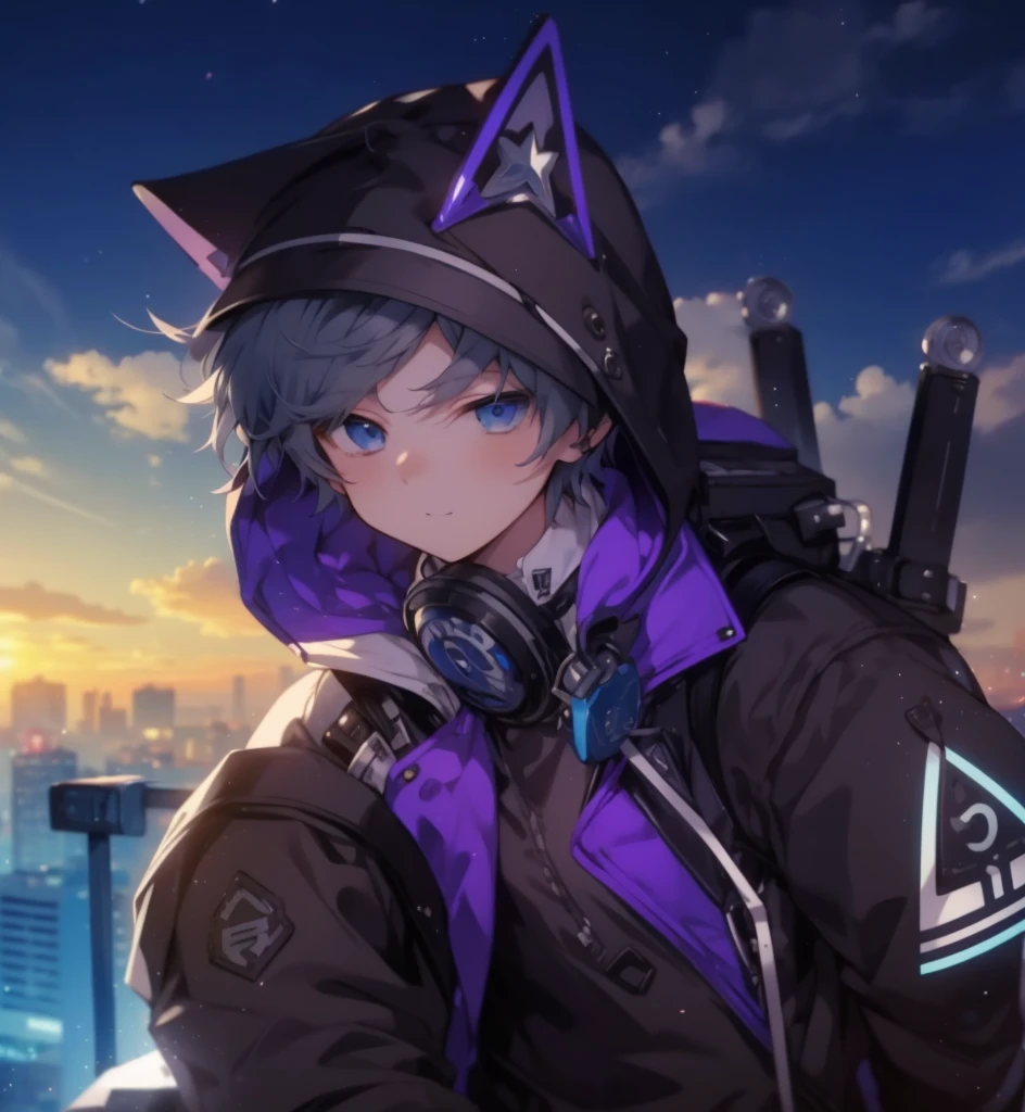 1 Boy、high school student、best quality, tabletop, beautiful face、、gray hair、Short hair、whole body、laugh、laugh、Carrying a blue and white checked backpack、school background、
