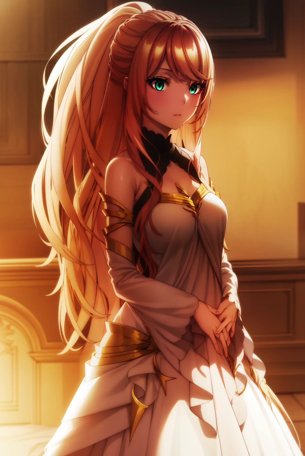 lexiavonarselia, lexia von arselia, long hair, blonde hair, (green eyes:1.5), ponytail, pink hair, (((big breast))), large breast, BREAK dress, bare shoulders, detached sleeves, white dress, BREAK looking at viewer, full body, (masterpiece:1.2), best quality, high resolution, unity 8k wallpaper, (illustration:0.8), (beautiful detailed eyes:1.6), extremely detailed face, perfect lighting, extremely detailed CG, (perfect hands, perfect anatomy),