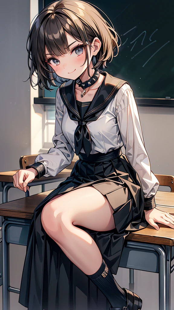 Very short spiked hair　dull brown hair　Long, narrow eyes　smile　Glare　frivolous attitude　Country-style black sailor suit　Nagoya collar　Long skirt　Long skirt　Rural classroom