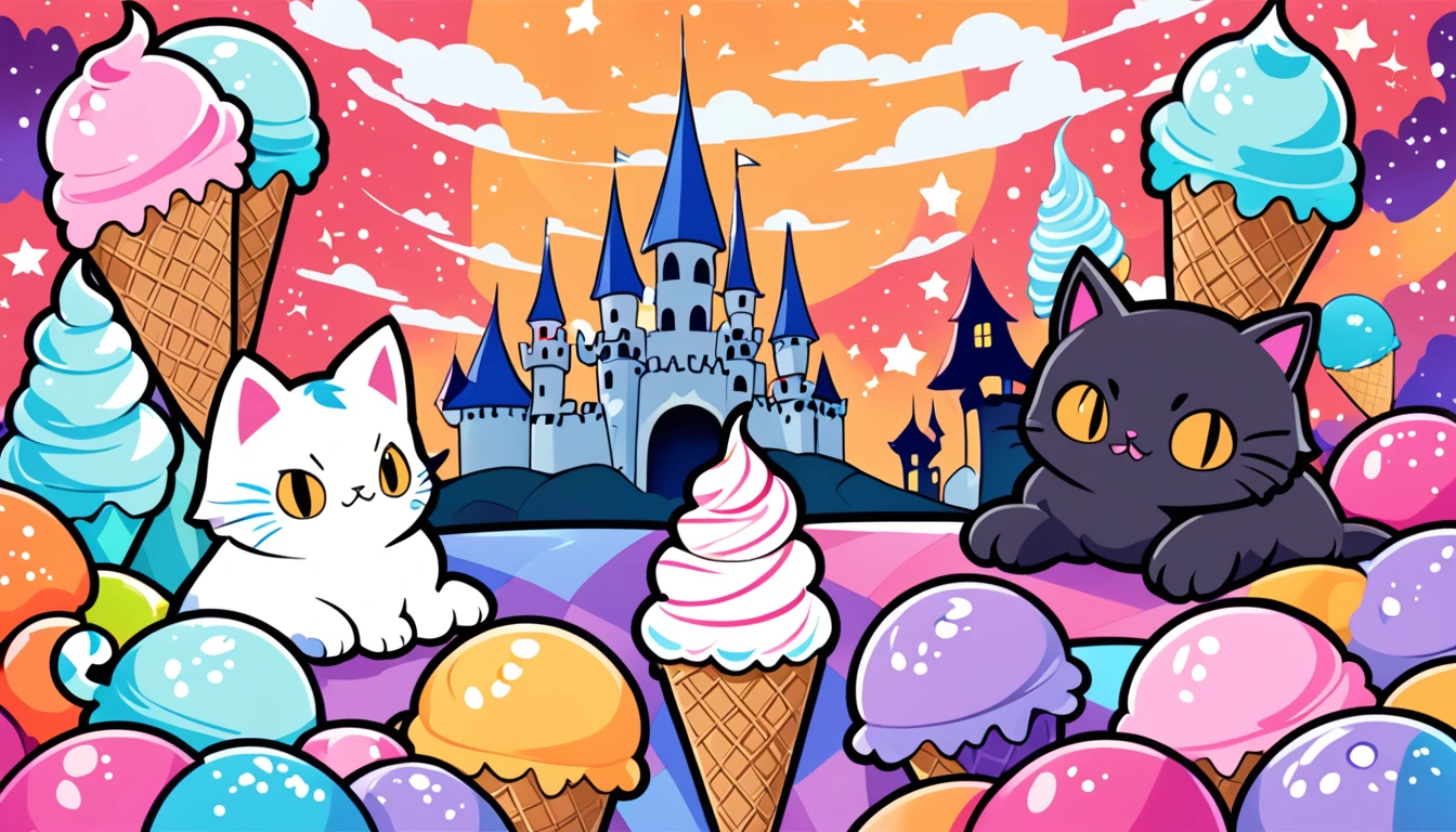two cute cat spirit beasts facing each other while lying down, colorful soft serve ice cream, poorly drawn cartoon-style images, colorful patchwork of contrast magic, funny dark fantasy , background demon castle