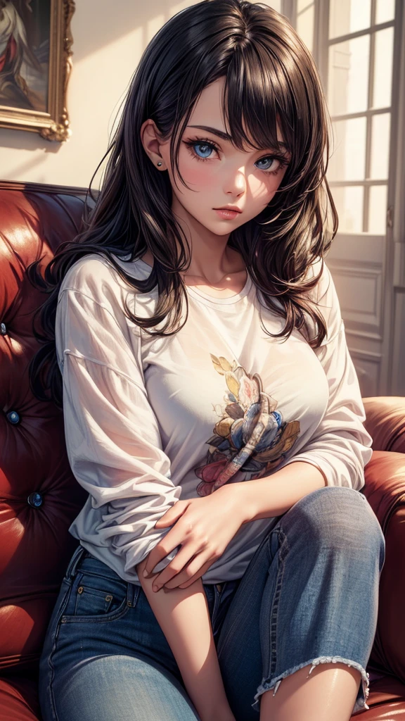(((masterpiece))),(((Highest quality))),((Very detailed)),One girl,One person,Highest quality, masterpiece, 8k, photograph, Very detailed,,Realistic,beautiful girl, (Very delicate and beautiful face), (Beautiful eyes in every detail),Sitting, View your viewers,jeans,White T-shirt,Long Hair,Black Hair, sofa,