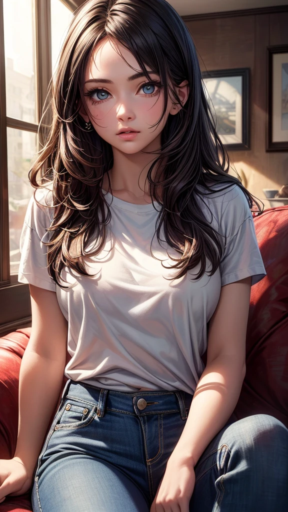 (((masterpiece))),(((Highest quality))),((Very detailed)),One girl,One person,Highest quality, masterpiece, 8k, photograph, Very detailed,,Realistic,beautiful girl, (Very delicate and beautiful face), (Beautiful eyes in every detail),Sitting, View your viewers,jeans,White T-shirt,,Black Hair, sofa,
