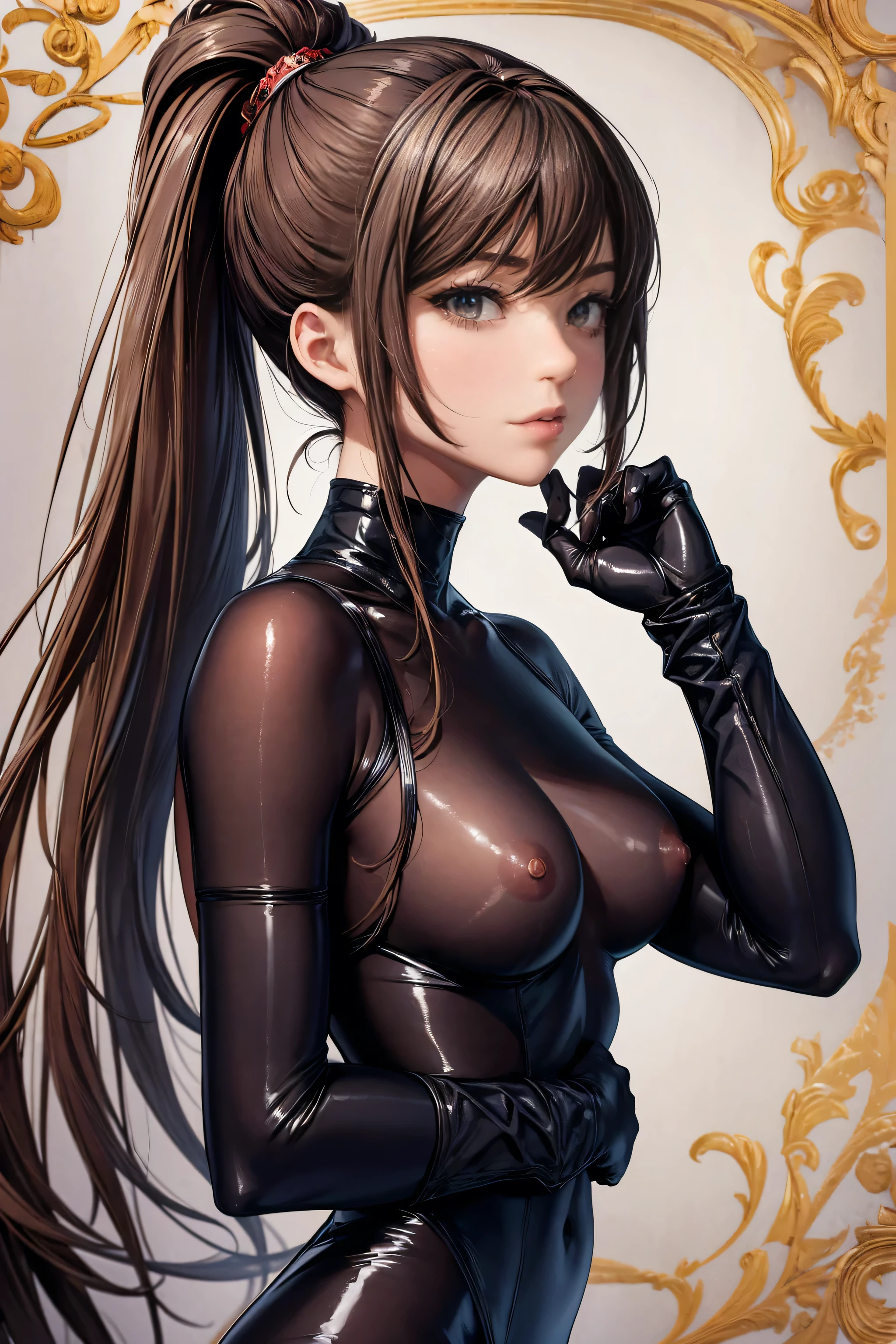 (masterpiece, Highest quality), Intricate details, 8k, Art Station, wallpaper, Official Art, Sharp focus, Looking up from below、One girl,Toned body、 Long Hair,ponytail, Brown Hair, NSFW,Plain body stockings、No bra,See-through nipples、Slut、 Patent leather long gloves、Patent leather long boots、