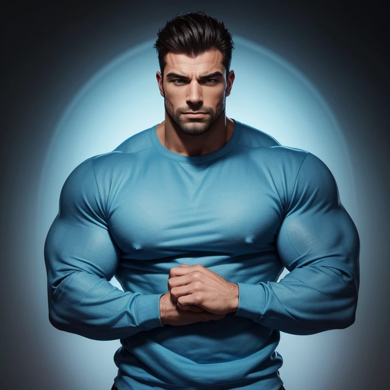 a very handsome, massively muscular man with massively large muscles, wearing a simple light blue sweatshirt, on a black background