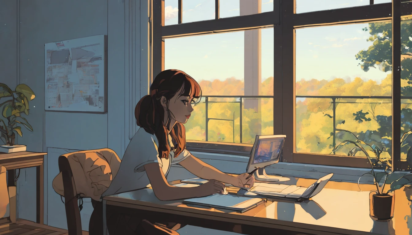 a girl in lofi style at a table with a computer facing a window studying, it&#39;s raining, It&#39;s 5 o&#39;clock in the morning, a mug of coffee next to the computer, she is wearing warm clothes in cold weather, socks and cold cap, a cute cat next to her while she studies, relaxing environment , yellow lights, calm and great environment for studying, calm and peaceful rain, lofi girl style, night ligthning, tons of cores with twilight, do Studio Ghibli
