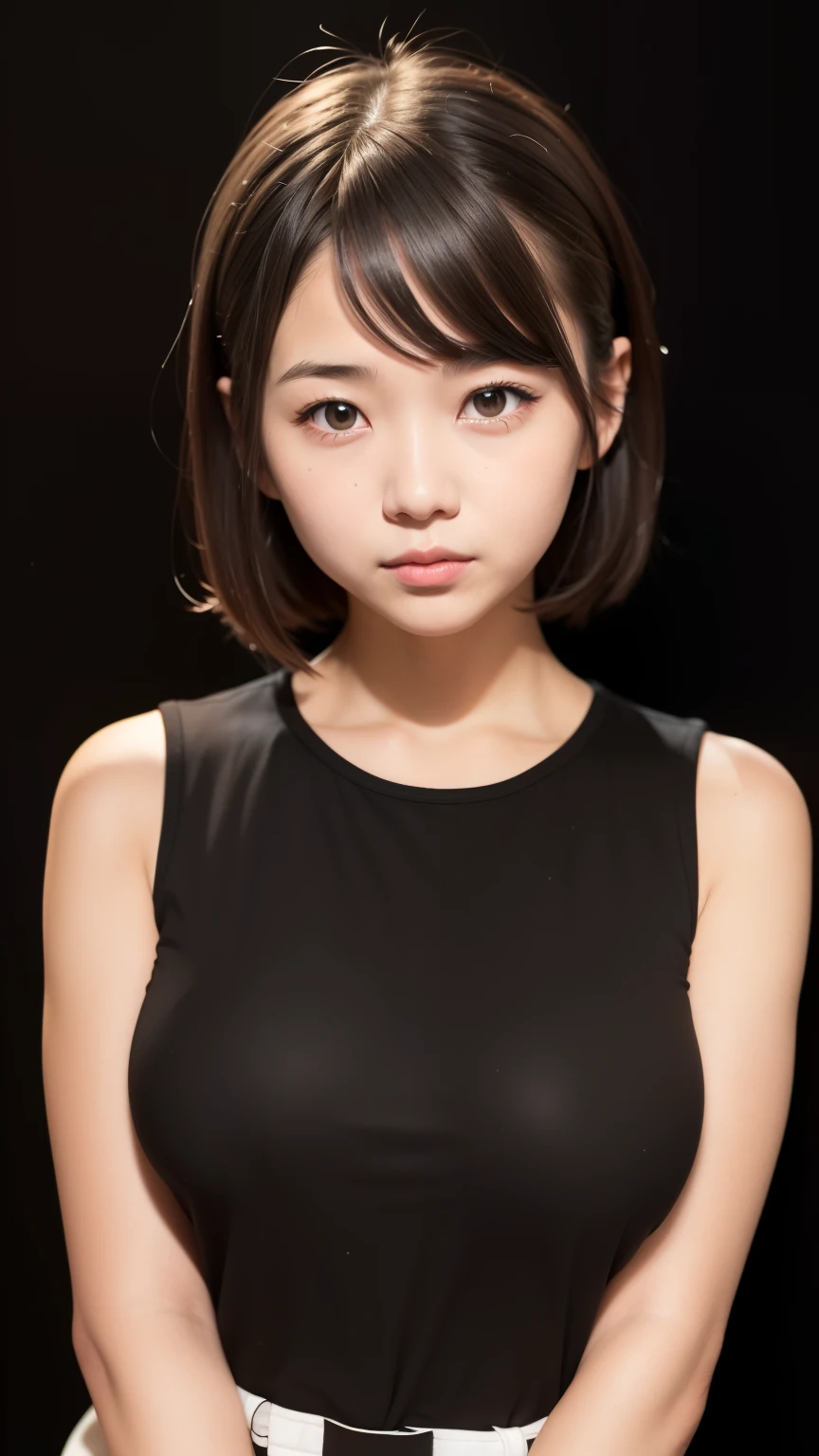 (A photo of your face:1.25), 6 years old, (cute:1.5), (Baby Face:1.4), (Round face:1.6), One Japanese woman, beautiful girl, Pretty face, (Straight Short Hair)、(Big Breasts:1.4), (View your audience), (Standing facing the camera), (Laughter:1.4), (Tank top)、(Black background:1.6)