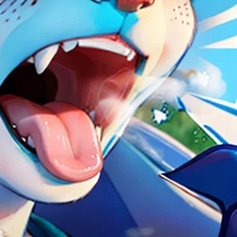 Open mouth, tongue out, very zoom in her mouth and burping