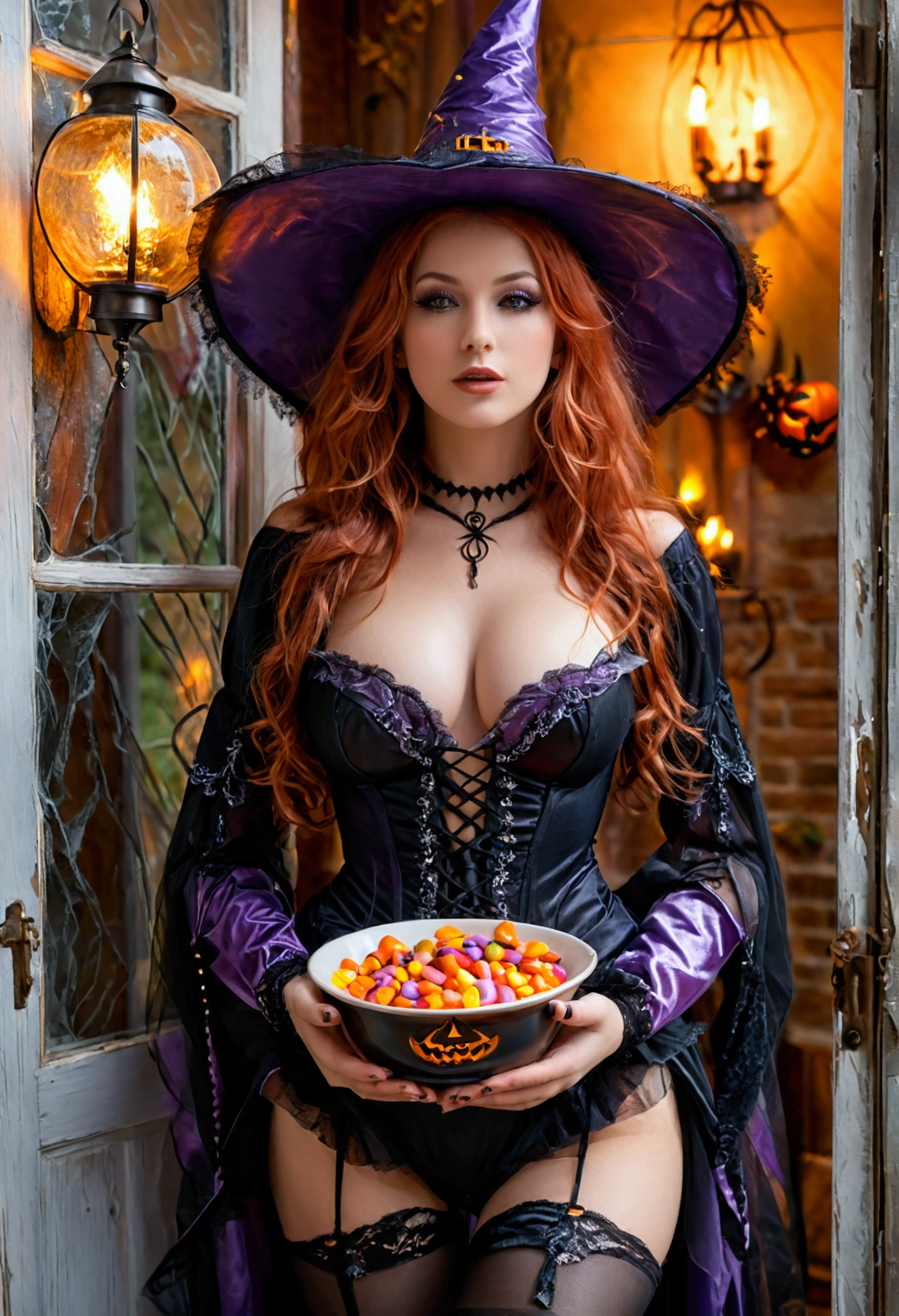 (full body shot:1.7) photorealistic image of a (standing pose:1.3) woman, ultra realistic, photography, long red hair, girl, 24 years old, hourglass figure, perfect body, natural medium breasts, blur background, smokey eye make-up, long eyelashes, looking seductive, seduction, dreamy look, full body, full body picture, full body shot, wide angle, wide angle picture, wide angle shot, purple sexy witch costume, big purple witch hat, she is standing in the doorframe to her house, she wears knee high purple boots and has her legs crossed, halloween decoration on the walls, it is late at night, a lantern is burning in the background, trick or treat, holding a bowl full of candybars in both her hands