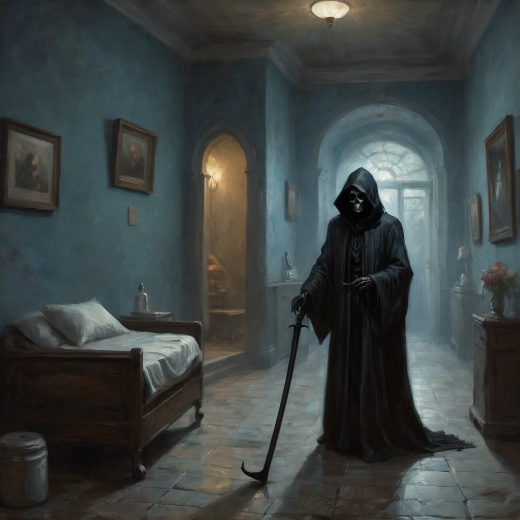 (best quality,4k,8k,highres,masterpiece:1.2),ultra-detailed,(realistic,photorealistic,photo-realistic:1.37),a black grim reaper,with detailed and flowing black robes,cloaked in shadows,walks unnoticed through a busy hospital. The grim reaper is extremely tall with a skeletal frame, holding a long and sleek scythe. The reaper's face is hidden beneath a black hood, but there is a sense of darkness and mystery emanating from its presence. The hospital is bustling with activity, nurses and doctors hurrying around attending to patients. The setting is dimly lit with flickering fluorescent lights, casting eerie shadows on the walls. The air feels heavy with a sense of anticipation and fear. The grim reaper moves silently through the hallways, invisible to the living, but there is an unspoken understanding that its purpose is to guide souls to the afterlife. The scene is tinged with blue hues, giving it a somber and chilling atmosphere. The only sound that can be heard is the faint whisper of the reaper's robes, and the occasional beep from medical devices. This artwork is a fusion of horror and realism, capturing the essence of life and death in a hauntingly beautiful way.