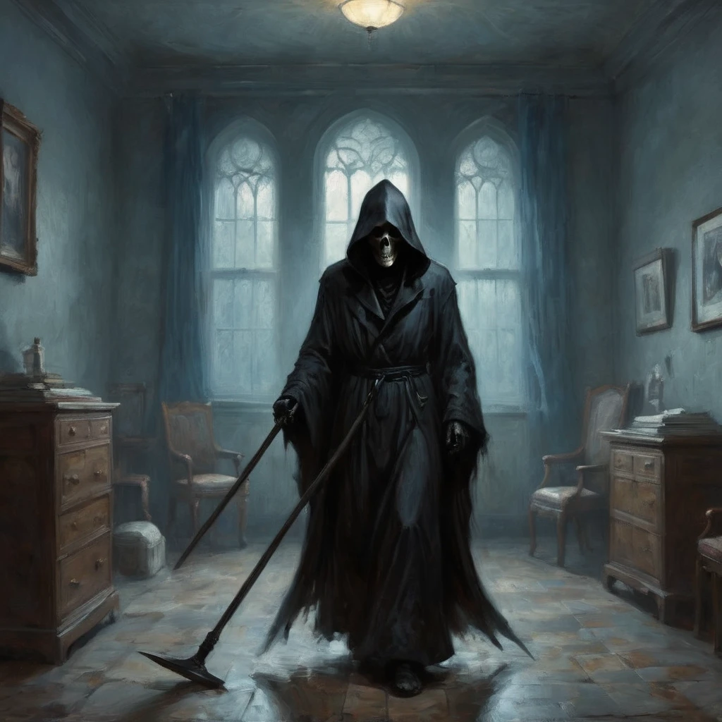 (best quality,4k,8k,highres,masterpiece:1.2),ultra-detailed,(realistic,photorealistic,photo-realistic:1.37),a black grim reaper,with detailed and flowing black robes,cloaked in shadows,walks unnoticed through a busy hospital. The grim reaper is extremely tall with a skeletal frame, holding a long and sleek scythe. The reaper's face is hidden beneath a black hood, but there is a sense of darkness and mystery emanating from its presence. The hospital is bustling with activity, nurses and doctors hurrying around attending to patients. The setting is dimly lit with flickering fluorescent lights, casting eerie shadows on the walls. The air feels heavy with a sense of anticipation and fear. The grim reaper moves silently through the hallways, invisible to the living, but there is an unspoken understanding that its purpose is to guide souls to the afterlife. The scene is tinged with blue hues, giving it a somber and chilling atmosphere. The only sound that can be heard is the faint whisper of the reaper's robes, and the occasional beep from medical devices. This artwork is a fusion of horror and realism, capturing the essence of life and death in a hauntingly beautiful way.