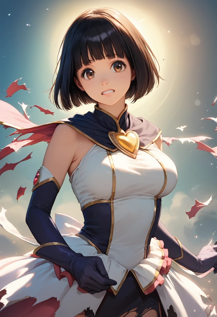 score_9,score_8_up,score_7_up,masterpiece,best quality, source anime, realistic, super detailed, extreme detailed, rating_safe,
1girl, magical girl, violent attacks by the enemy, defensive posture, (torn cloth:1.4), cowboy shot,
BREAK girl, 22yo, short hair, bob cut, (blunt bangs), black hair, (tareme, detailed cute brown eyes), curled eyelashes, (large breasts:0.9), 
shiny hair, beautiful detailed eyes, beautiful face,
magical girl costume, costume in white with blue decoration, 
painful expression, clenched teeth, enduring, enemy magic effects