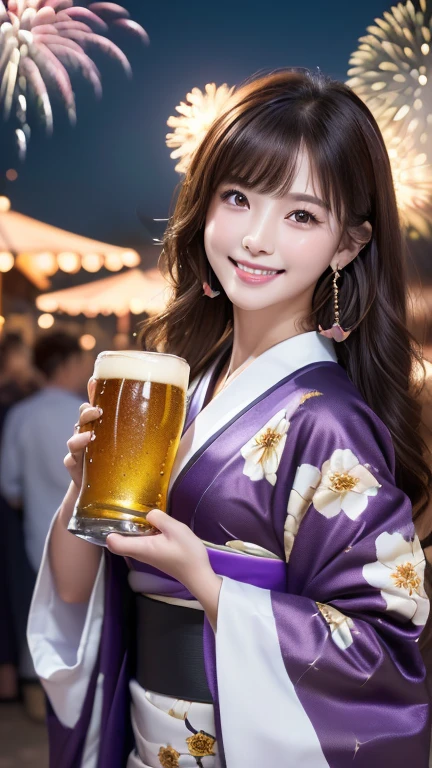 High resolution, (((Highest quality, Highest quality, 8k, masterpiece: 1.3)), Perfect Style, Highly detailed face and skin texture, Detailed eyes, double eyelid, Pale Cheeks, Glowing Skin, Fair skin: 1.2, Shiny little collar and earrings, Glossy Lips: 1.4, (Cowboy Shot), ( Pure girl: 1.2), (Kimono with purple floral pattern、Gorgeous kimono), ( Dark brown hair),Semi-long hair, (A very seductive smile: 1.2), (Cheering beer),holding a beer mug, Clean background、((Fireworks bursting into the sky))、night、garden,Full body shot,