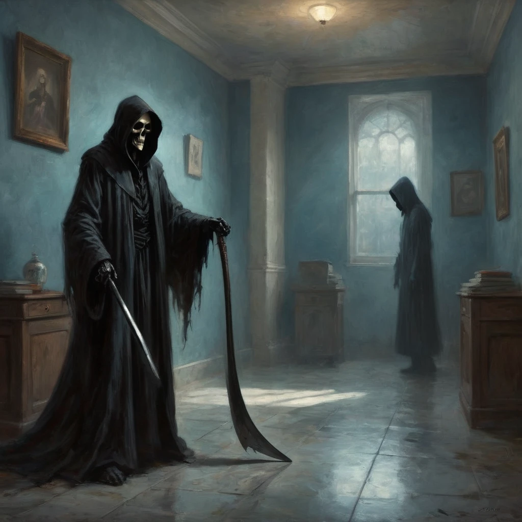 (best quality,4k,8k,highres,masterpiece:1.2),ultra-detailed,(realistic,photorealistic,photo-realistic:1.37),a black grim reaper,with detailed and flowing black robes,cloaked in shadows,walks unnoticed through a busy hospital. The grim reaper is extremely tall with a skeletal frame, holding a long and sleek scythe. The reaper's face is hidden beneath a black hood, but there is a sense of darkness and mystery emanating from its presence. The hospital is bustling with activity, nurses and doctors hurrying around attending to patients. The setting is dimly lit with flickering fluorescent lights, casting eerie shadows on the walls. The air feels heavy with a sense of anticipation and fear. The grim reaper moves silently through the hallways, invisible to the living, but there is an unspoken understanding that its purpose is to guide souls to the afterlife. The scene is tinged with blue hues, giving it a somber and chilling atmosphere. The only sound that can be heard is the faint whisper of the reaper's robes, and the occasional beep from medical devices. This artwork is a fusion of horror and realism, capturing the essence of life and death in a hauntingly beautiful way.