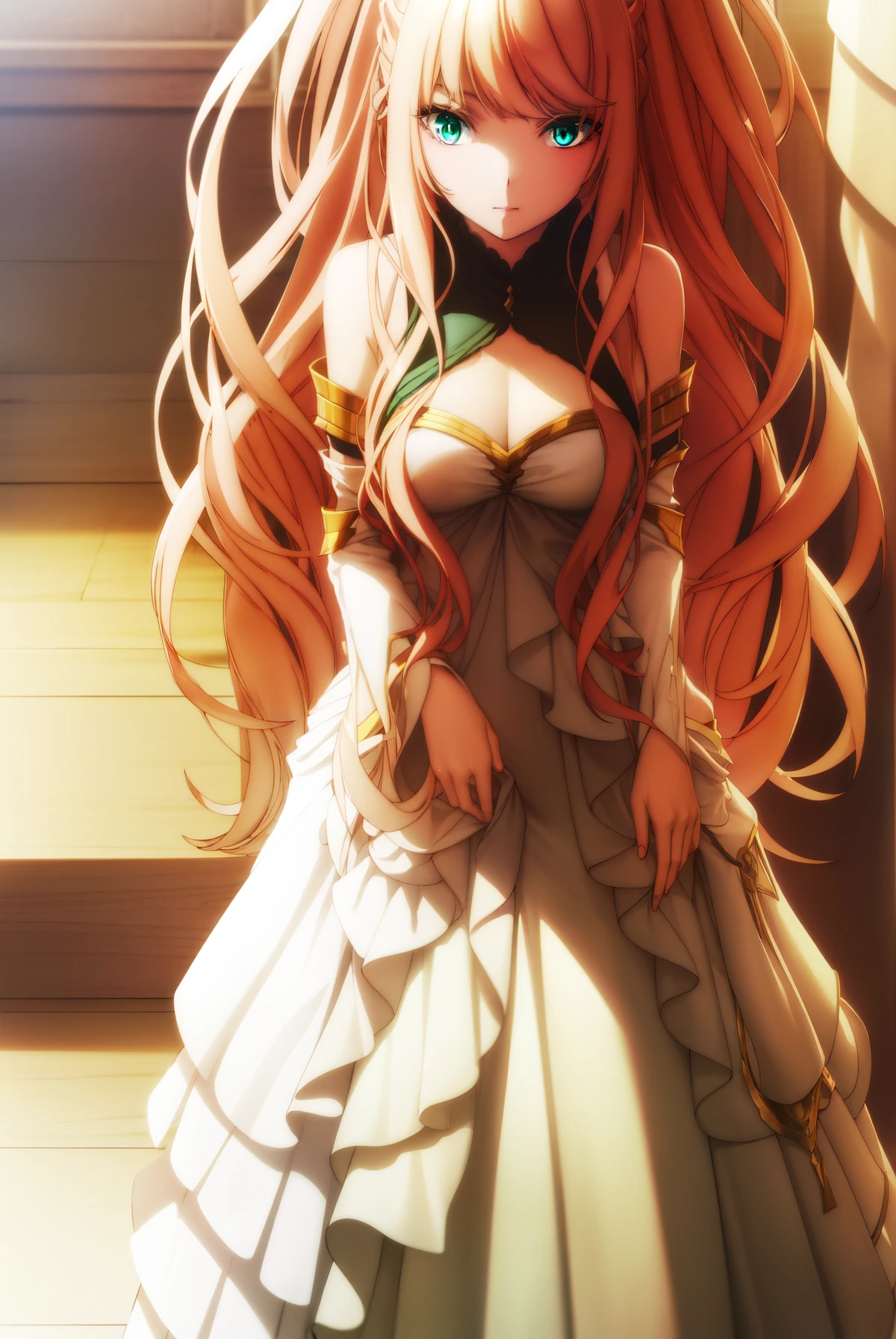 lexiavonarselia, lexia von arselia, long hair, blonde hair, (green eyes:1.5), ponytail, pink hair, (((big breast))), large breast, BREAK dress, bare shoulders, detached sleeves, white dress, BREAK looking at viewer, full body, (masterpiece:1.2), best quality, high resolution, unity 8k wallpaper, (illustration:0.8), (beautiful detailed eyes:1.6), extremely detailed face, perfect lighting, extremely detailed CG, (perfect hands, perfect anatomy),