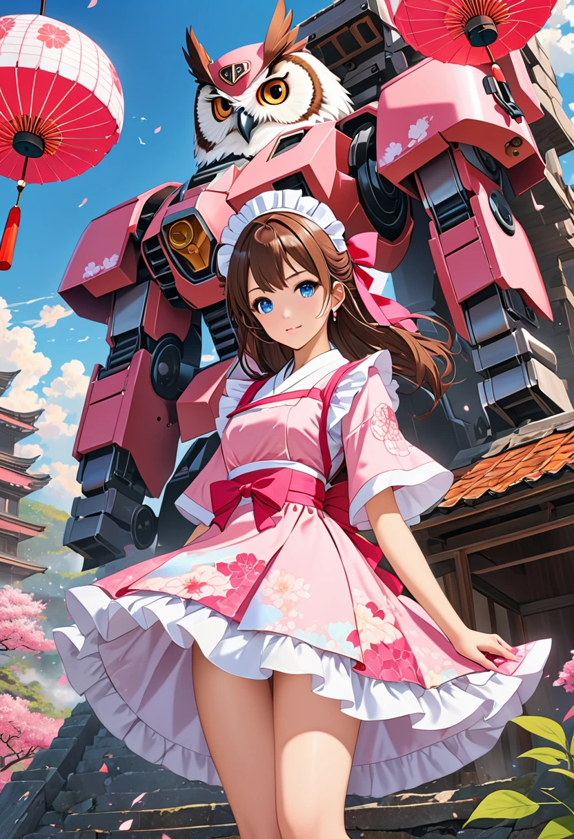 (masterpiece, best quality:1.1), (ultra highres, ultra-detailed:1.2),flatcolor,one girl,tween,short hight,(found a giant fuurin(japanese wind chime)),(wearing japanese maid costume),eyes glow pink,has mecha wings,owl symbol, BREAK in mechanical ruins,absurdity, extraordinary,dynamic angle,(pose),