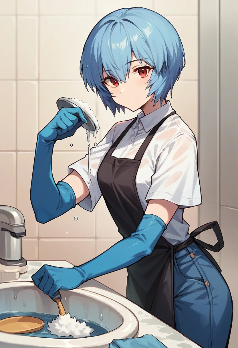 1girl, rei ayanami, ((blue half elbow gloves)), (white shirt), ((long sleeves)), (black apron), (pants), looking at viewer, wash the dishes, ((in blue half elbow gloves)), solo
