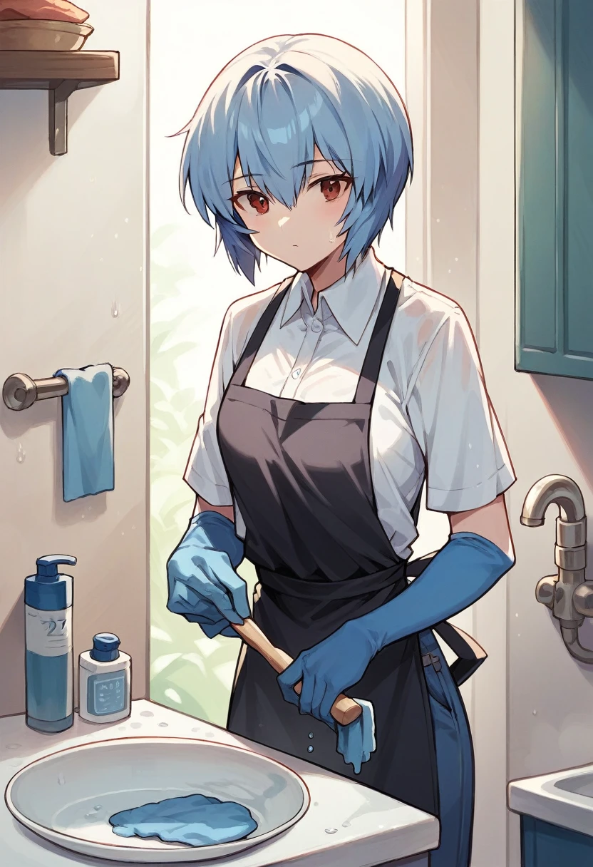 1girl, rei ayanami, ((blue half elbow gloves)), (white shirt), ((long sleeves)), (black apron), (pants), looking at viewer, wash the dishes, ((in blue half elbow gloves)), solo