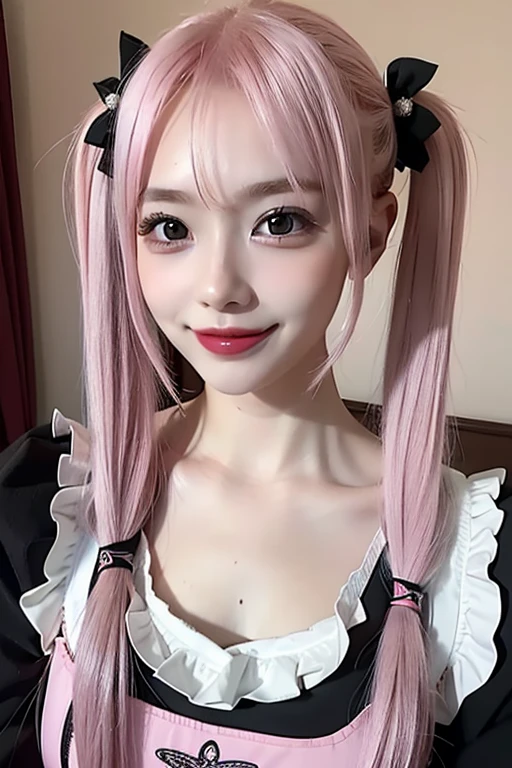 ((Pink Hair))、((Pink Hair))、((Twin tails))、((Highest quality、8k、masterpiece))、((Landmine Girl))、((Sexy maid outfit))、((Highest quality、8k、masterpiece))、Sharp focus:1.2、((Big smile))、Cute 17 year old girl with perfect figure:1.4、Slim Abs:1.2、((Dark brown hair))、street:1.2、Highly detailed face and skin texture、fine grain、