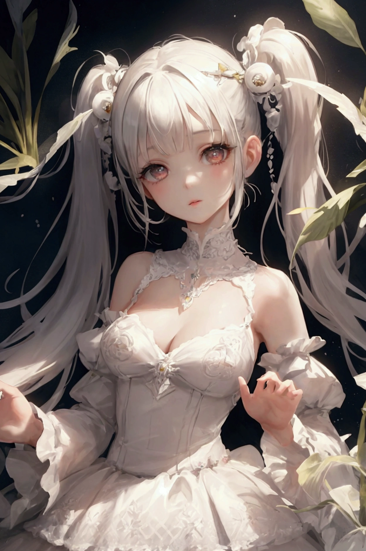 masterpiece, Best Quality, Very delicate and beautiful, Ultra-high resolution, 8k, 3d, Princess like a doll, cute, 
highly detailed dress, Twin tails, trimmed bangs, Transparent white skin, large, round eyes, Thin lips, round face, look up, Upper Body, Looking at the camera, The best light, Perfect composition, 
