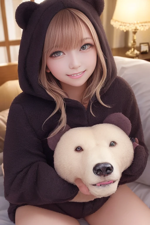 beautiful, (masterpiece), Highest quality, (extremely detailed face), extremely detailed eyes,  Perfect lighting, 全体detailed, detailed, Deep Skin,Textured skin,
,bear costume ,black bear costume, Long sleeve, Wear a hood,,mallow , Long Hair, Green Eyes, Big smile,On the bed ,sit between the pillows,
,