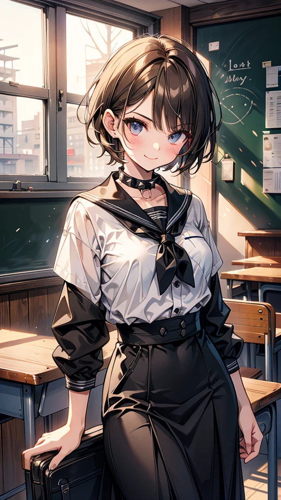 Very short spiked hair　dull brown hair　Long, narrow eyes　smile　Glare　frivolous attitude　Country-style black sailor suit　Nagoya collar　Long skirt　Long skirt　Rural classroom