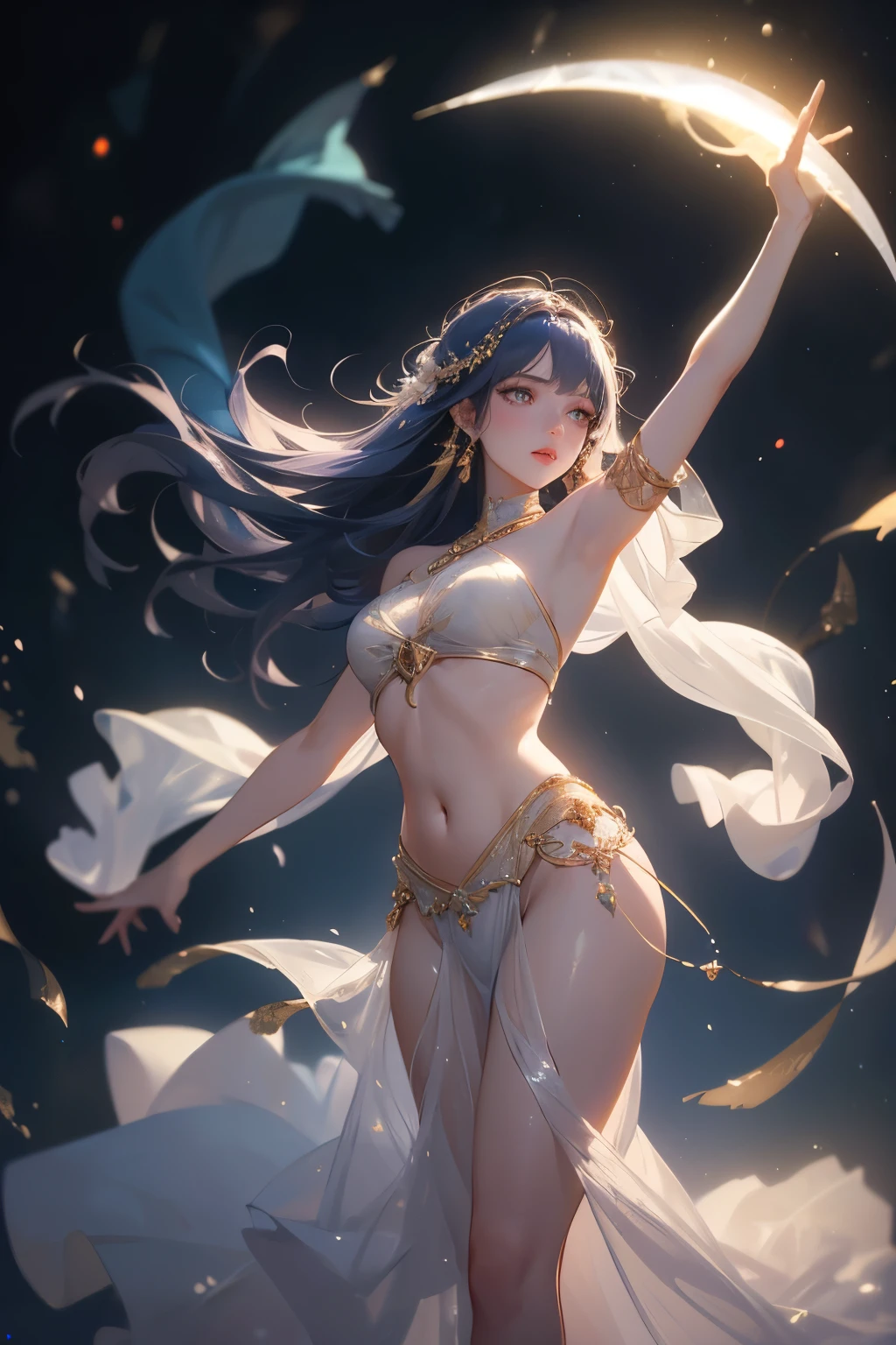 Young girl dancing wearing a white bikini、long black hair、wheat-colored skin、barefoot、anklet、bracelet、palace、lots of western lights、scarf、gypsy、Loma、(thin cloth face veil:1.4)