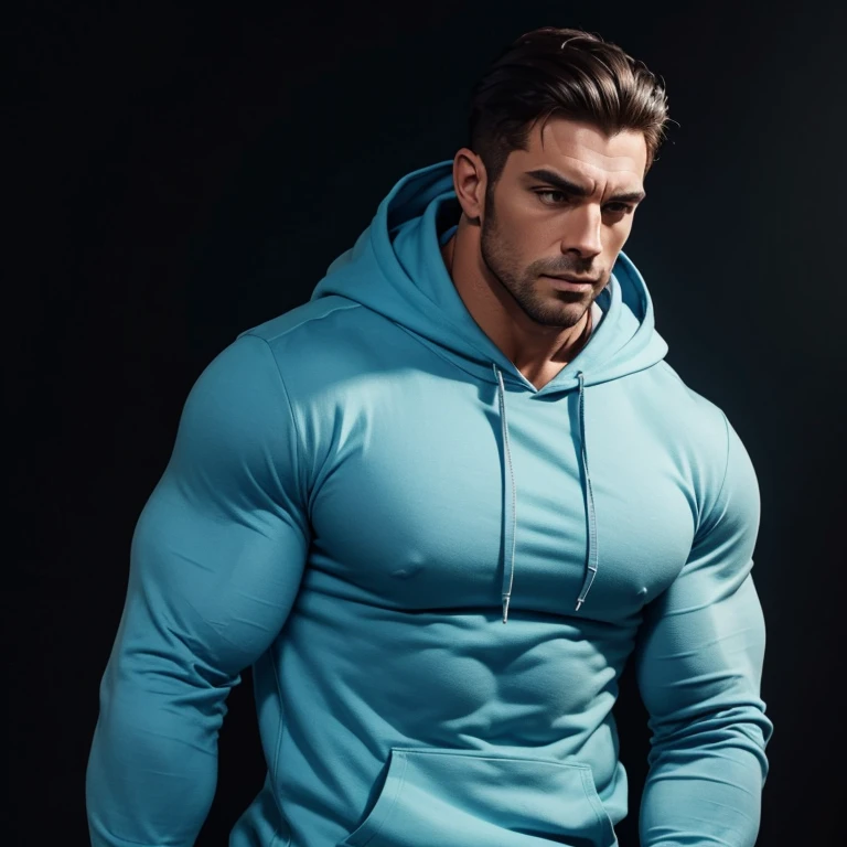 a very handsome, massively muscular man with massively large muscles, wearing a simple light blue hoodie, on a black background holding a phone