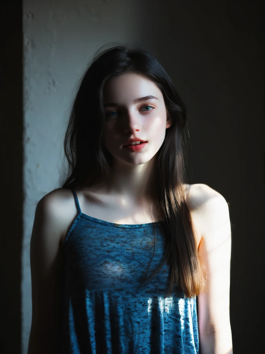 dark,caustics,colorful,gorgeous light and shadow,full body, The girl's pale skin,her lips are slightly open to reveal her teeth,and her blue eyes are blurry and dreamy. mottled light and shadow,portrait,black_hair, ,m