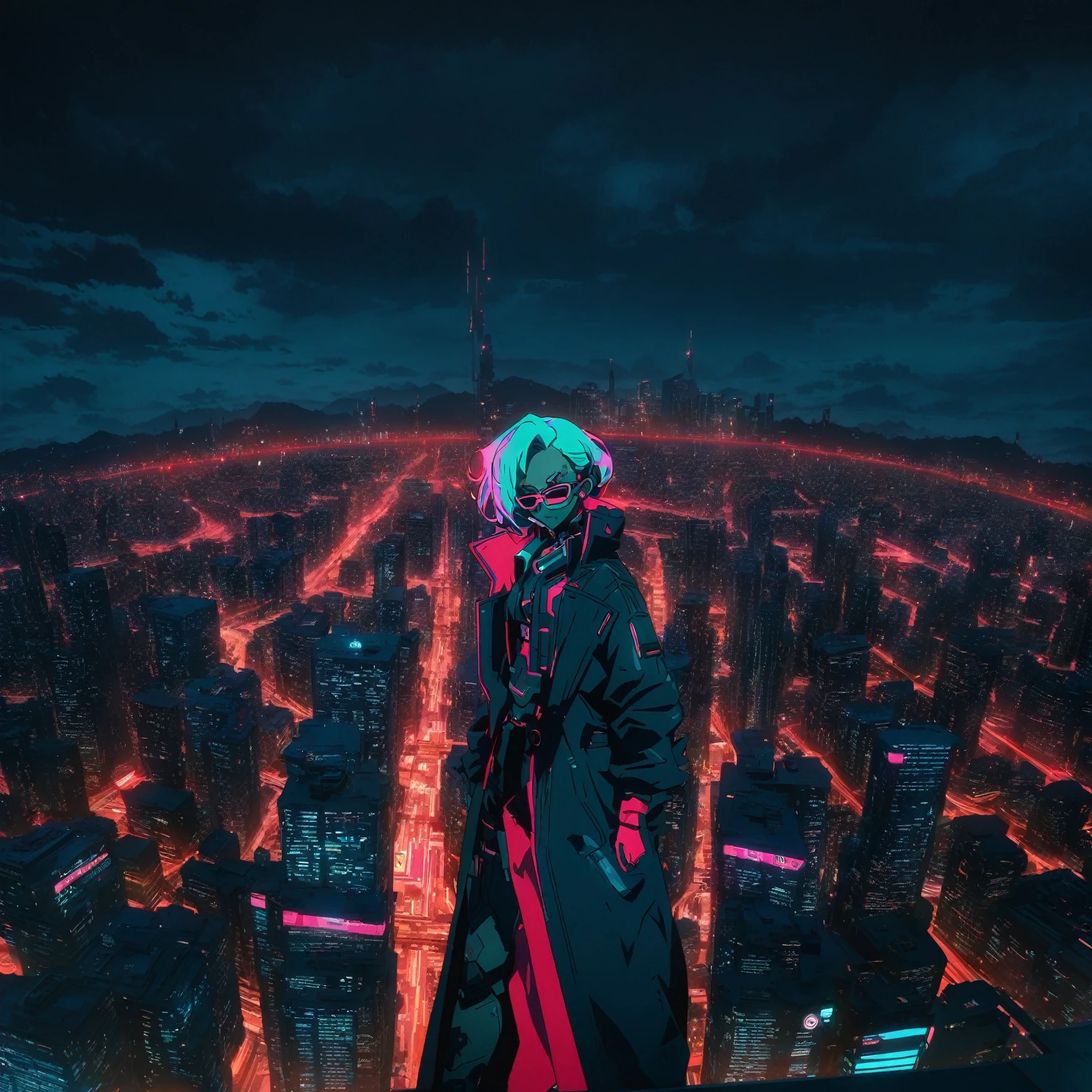 anime character standing on a ledge overlooking a city at night, badass anime 8 k, best anime 4k konachan wallpaper, in front of a sci fi cityscape, digital cyberpunk anime art, in cyberpunk city, ufotable art style, modern cyberpunk anime, anime cyberpunk art, city in the background, anime style cityscape, digital cyberpunk - anime art, figure with facemas and glasses long coat  